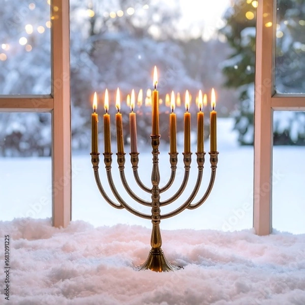 Fototapeta Hanukkah menorah in snow by window