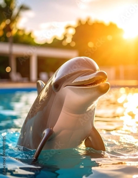 Fototapeta Happy dolphin in a pool at sunset