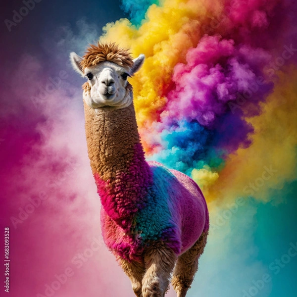 Fototapeta Colorful llama portrait with powder explosion – funny alpaca photo