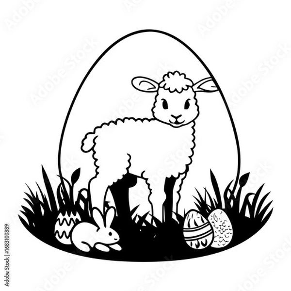 Fototapeta Lamb and rabbit with decorated eggs in grass for Easter theme  