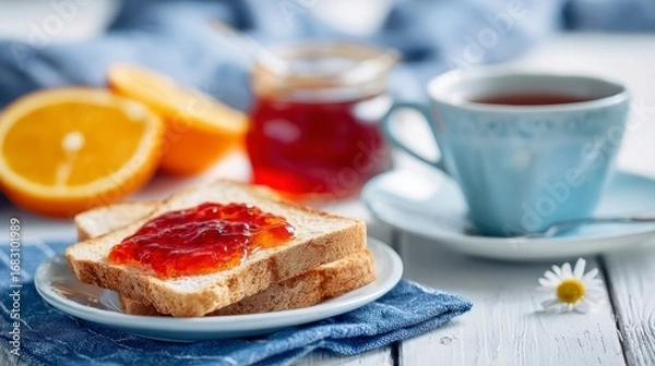 Obraz Breakfast scene toast w jam orange slices jam jar blue teacup on white wood