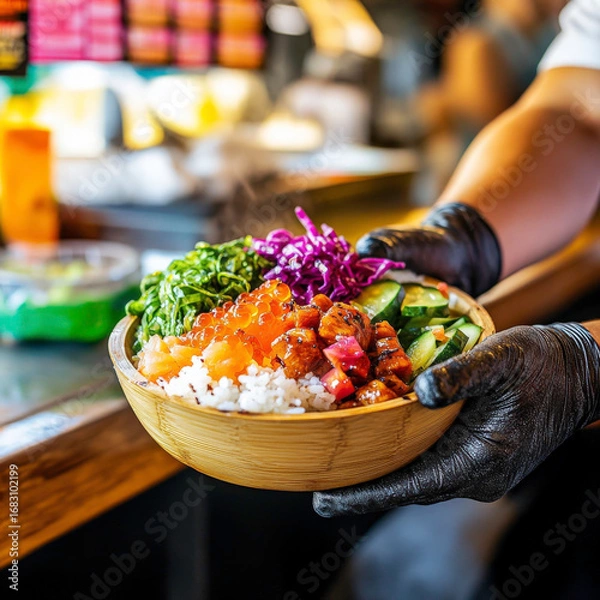 Obraz A freshly made poke bowl with vibrant toppings being handed over the counter on a bamboo tray visible hands of vendor in gloves