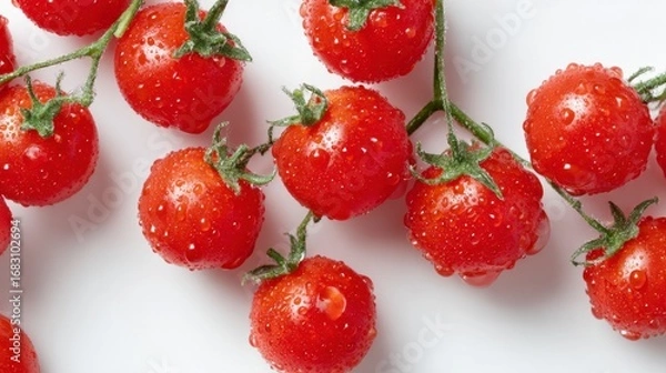 Obraz Bright closeup of dewkissed cherry tomatoes on vine vibrant  fresh against a plain white background