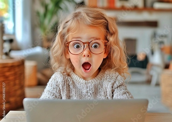 Obraz パソコンを見て驚く子ども
