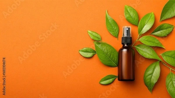Obraz Brown spray bottle surrounded by green leaves on an orange surface
