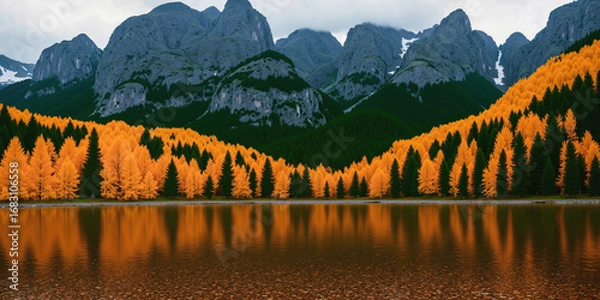 Fototapeta A clear lake with reflections, with a forest of autumn leaves and mountains in the background. AI generated.