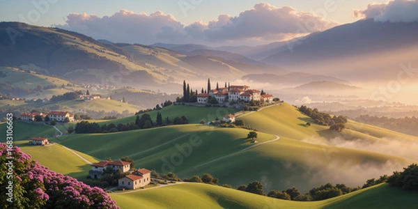 Fototapeta A village on a hill in the morning with fog, the background is sky and clouds. AI generated.