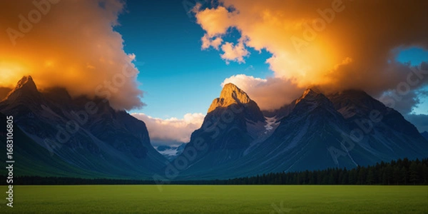 Fototapeta Natural scenery, evening sunlight hitting the clouds and mountain tops. AI generated.