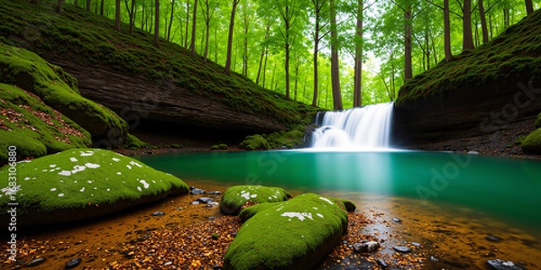 Fototapeta Beautiful waterfall scenery with clear water and green trees in the background. AI generated.