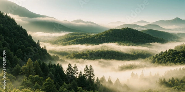 Fototapeta A foggy morning in a pine forest with a sky in the background.AI generated.