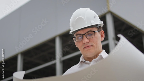 Fototapeta Study the drawing. Engineer looks at the drawing. High quality photo.