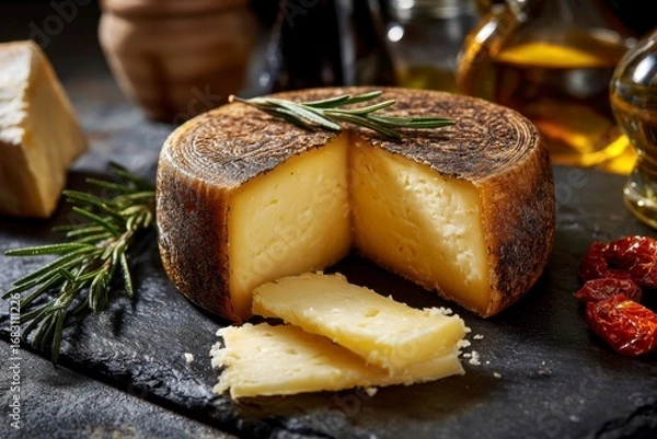 Obraz Cheese wheel w slice missing rosemary sprigs on slate Dried tomatoes oil  wooden pot in background