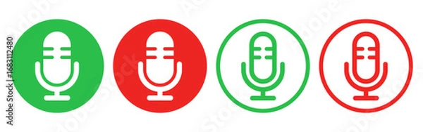 Obraz 音声入力とマイクのオンオフ、ベクターアイコンセット（線画・塗り・赤・緑）