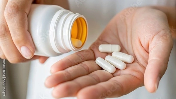 Fototapeta pouring two white capsules into the open left hand. 