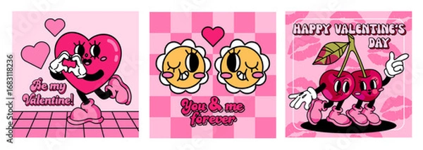 Fototapeta Retro groovy cards set for Valentines day. Heart and cherry characters in trendy retro 60s 70s cartoon style. Romantic vector posters template