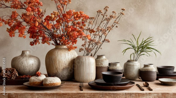 Fototapeta Ceramic vases with autumn flowers and rustic tableware create cozy, warm atmosphere on wooden table