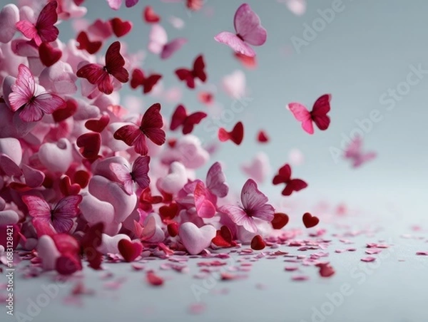 Fototapeta Colorful butterflies and hearts create a whimsical display perfect for romantic occasions and celebrations