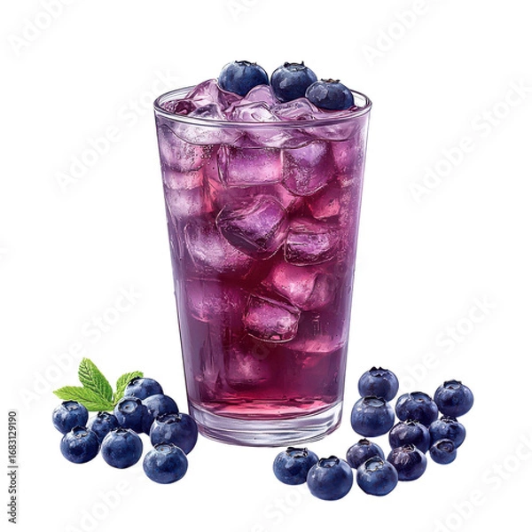 Fototapeta Refreshing blueberry drink with ice cubes and fresh blueberries perfect for summer refreshment and healthy lifestyle for food blogs on transparent background