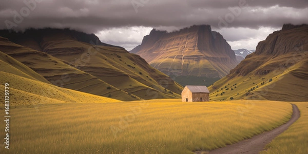 Fototapeta Rural grassland landscape with mountains and rain clouds in the background. AI generated.