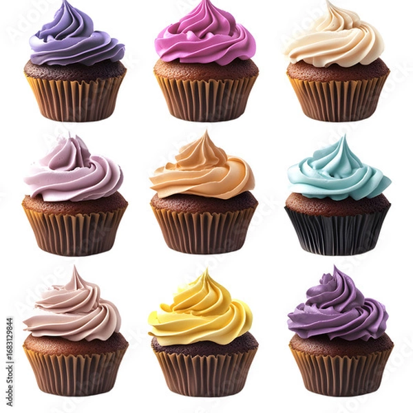 Fototapeta Delicious Frosted Cupcakes Displayed in Vibrant Colors for Dessert Presentation