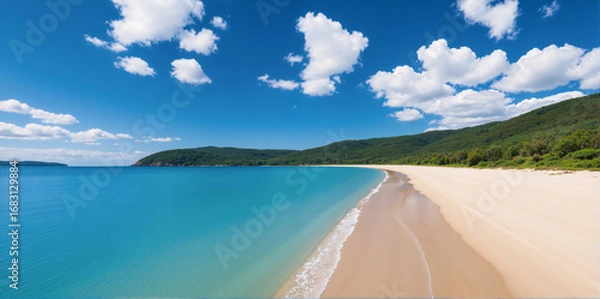 Fototapeta A sandy beach during the day with waves and a sky and clouds in the background. AI generated.