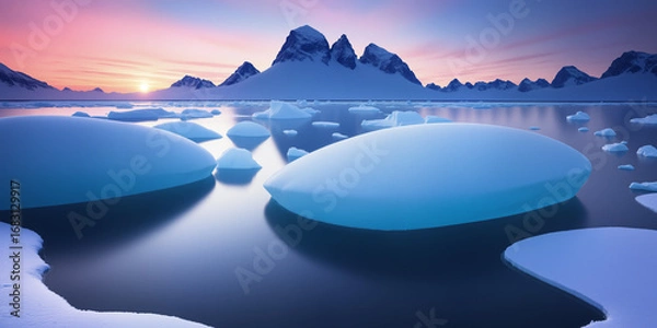 Fototapeta The sea and snow at dusk have beautiful sky lights. AI generated.