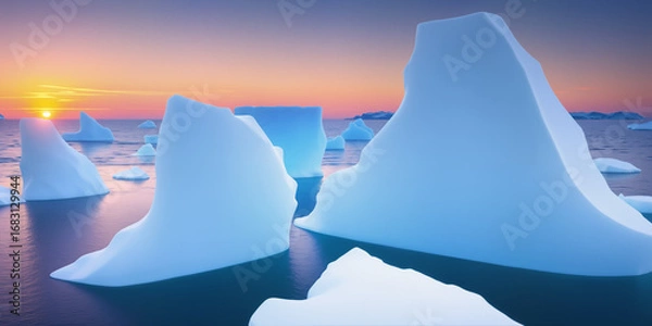 Fototapeta The sea and snow at dusk have beautiful sky lights. AI generated.