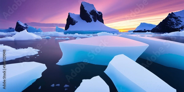 Fototapeta The sea and snow at dusk have beautiful sky lights. AI generated.