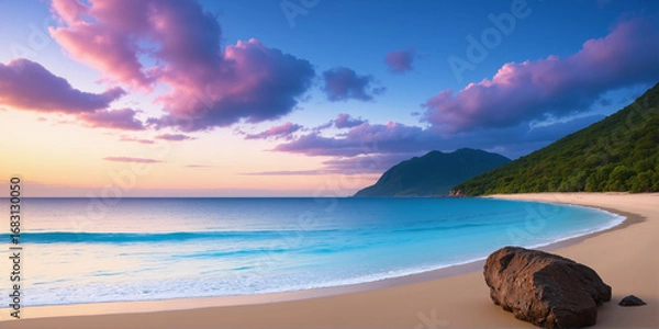 Fototapeta The beach at dusk has rocks and sand in the foreground, and the sky and clouds in the background. AI generated.