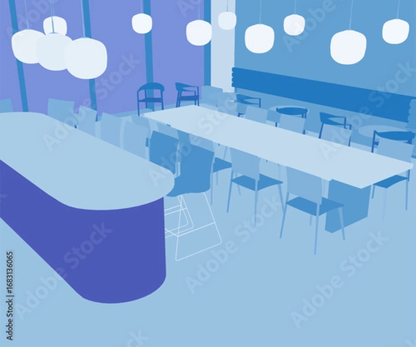 Fototapeta A kitchen area with a long table and chairs, illuminated by hanging ceiling lights. A central desk is surrounded by seating in the silhouette-filled room.