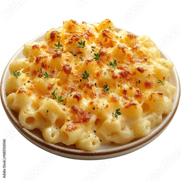 Fototapeta Delicious homemade macaroni and cheese with a golden crust and fresh herbs served on a plate perfect for comfort food cravings and family dinners on transparent background