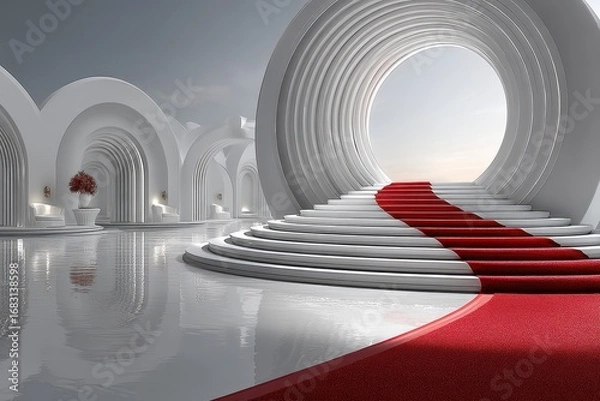 Fototapeta Elegant ceremony space with a red carpet and modern architectural design during daylight