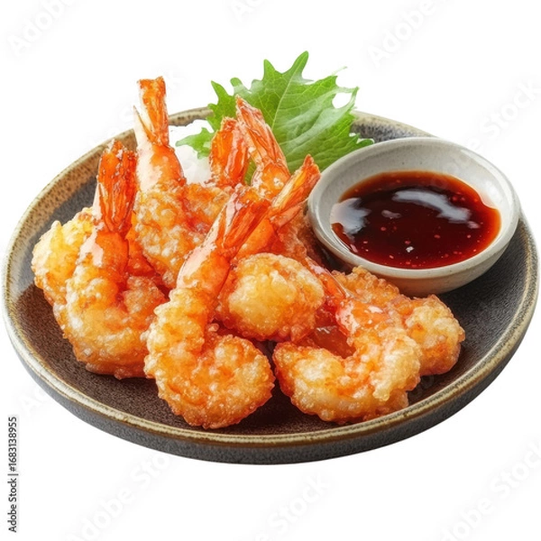 Obraz Delicious shrimp tempura served on a plate with dipping sauce and garnish perfect for appetizers Japanese cuisine or seafood restaurant menus on transparent background