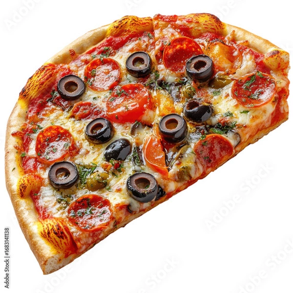 Fototapeta Delicious pepperoni pizza slice with black olives and melted cheese perfect for food photography and culinary presentations on transparent background