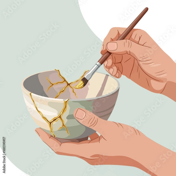 Obraz Hands carefully repairing a broken ceramic bowl with gold lacquer in the Japanese art of Kintsugi.
