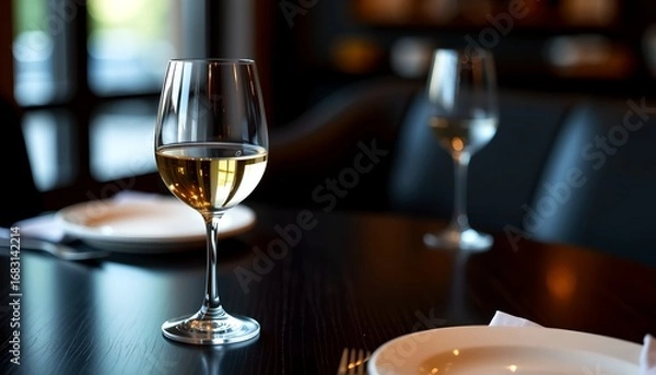 Obraz A glass of white wine sits elegantly on a dark wooden table. With a second glass in the background. A pair of white plates are next to the glasses with a fork and knife in the scene.