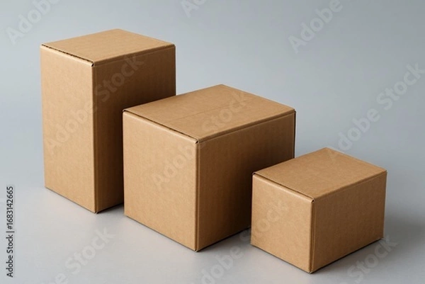 Fototapeta Stacked cardboard boxes present size variation, ideal for showcasing packaging design, storage solutions, or organization concepts against a calming neutral backdrop.
