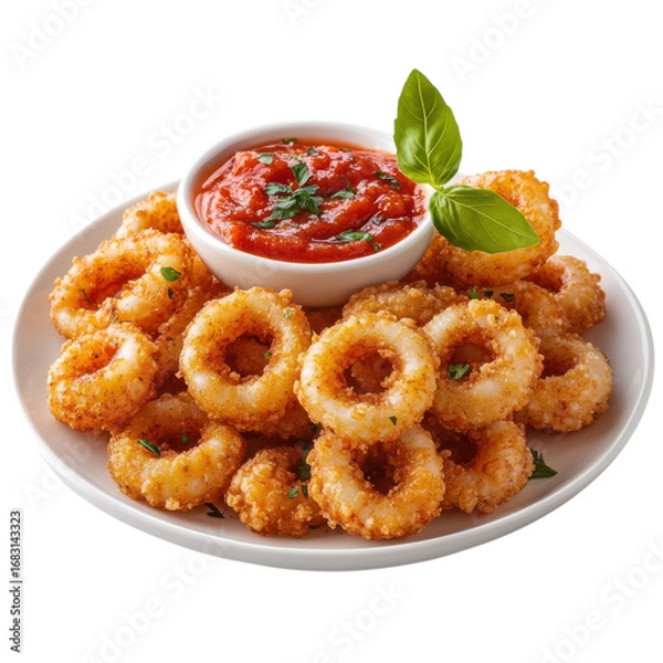 Fototapeta Delicious fried calamari rings served with marinara sauce and fresh basil on a white plate against a a tasty seafood appetizer on transparent background