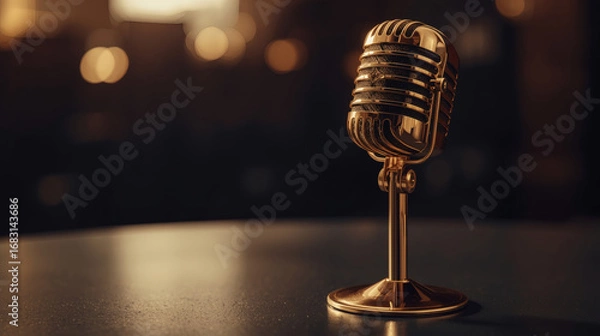 Obraz a cinematic close-up photography of a shiny golden microphone with intricate details and a slender stand, resting on a sleek surface, symbolizing fame and power, with the microphone's grille and metal
