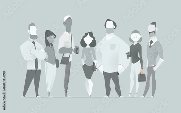Obraz Vector cartoon business characters in grayscale placeholder style. Diverse faceless people with glasses and hairstyles, perfect for your web, app, or print design.