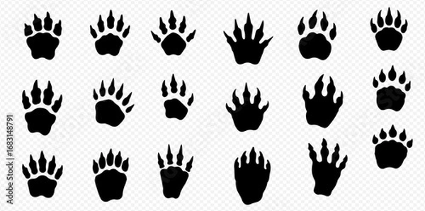 Fototapeta Collection of various animal paw prints in black silhouette on a transparent background.