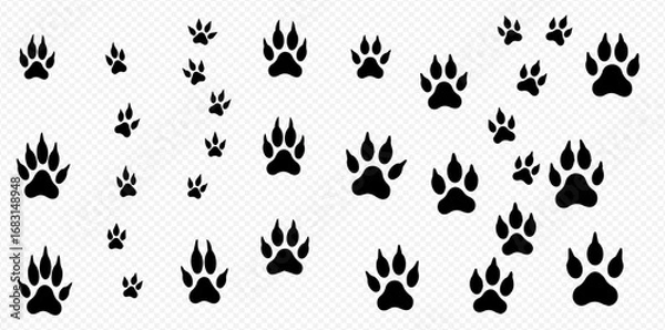 Fototapeta A collection of various sized black animal paw prints scattered across a transparent background.