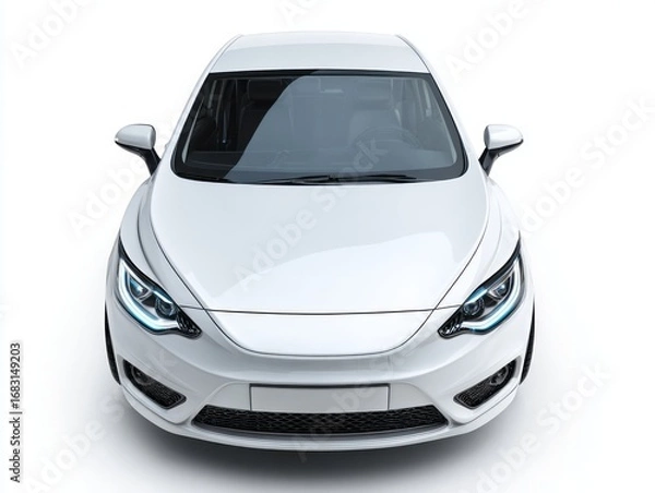 Fototapeta A full frontal view of a sleek, modern white car, highlighted by sophisticated LED headlights, set against a plain white background.