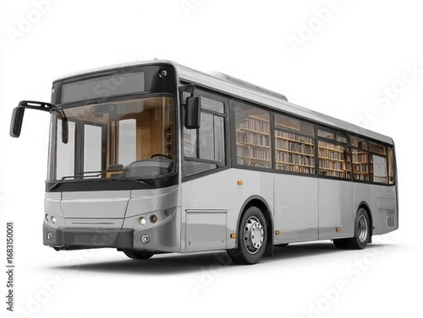 Fototapeta A modern, light gray public transportation vehicle, meticulously designed, is outfitted as a mobile library, showcasing numerous books on its interior shelves.