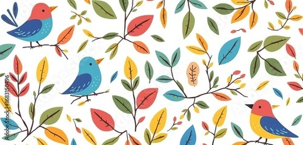 Fototapeta Whimsical bird and leaf pattern, cheerful colors on white , vintage, spring