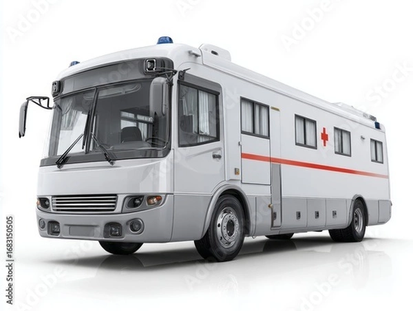 Fototapeta A modern, white ambulance vehicle is displayed against a stark white background, showcasing its sleek design and emergency features.