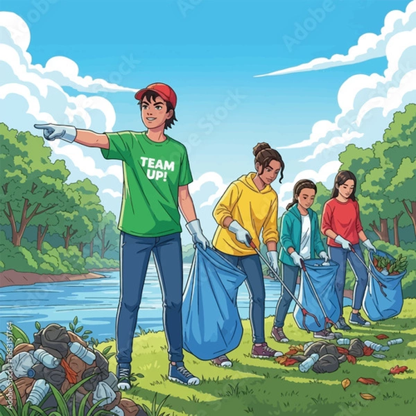 Obraz Group of young volunteers cleaning up trash in a park near a river.