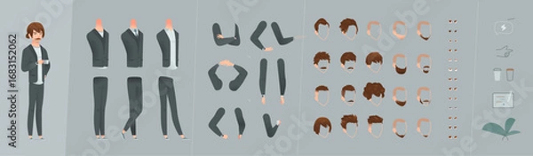 Obraz Stylish cartoon man with long brown hair tied in a braid, wearing a gray business suit and light sweater. Full body character in 5 dynamic poses, modern and approachable look.