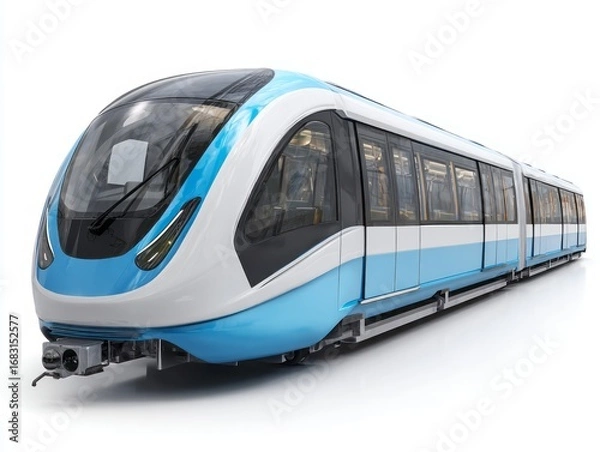 Fototapeta A modern light rail train, featuring a sleek design in vibrant blue and white, is presented against a pure white background.