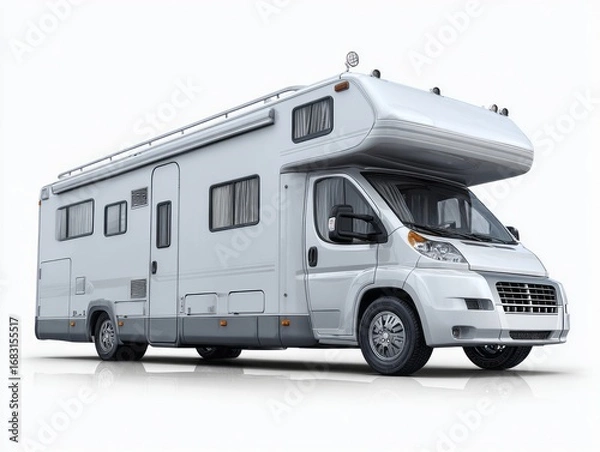 Fototapeta A modern, light gray motorhome stands out against a bright white background, showcasing its sleek lines and spacious design.